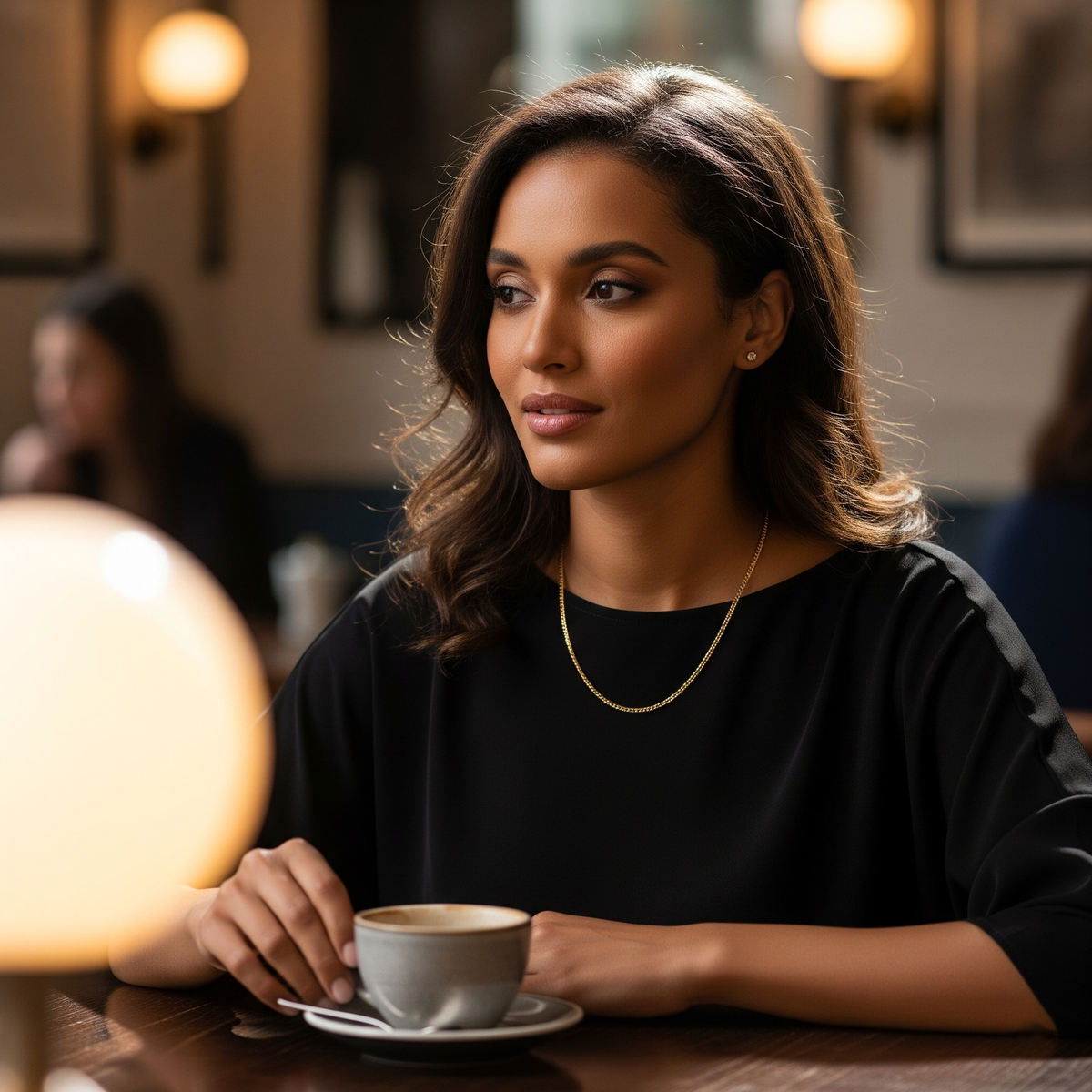 Woman wearing a 5mm 18K gold-plated Cuban chain necklace in a cafe setting.