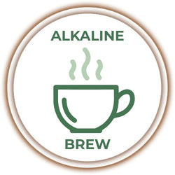 Circular logo featuring a green coffee cup icon with steam and the text Alkaline Brew in a minimalist style.