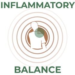 Logo with a person holding a green circle inside concentric circles, labeled 'Inflammatory Balance' on a white background.