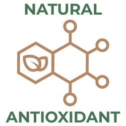 Natural antioxidant icon featuring a brown molecular structure with leaf symbols and green text on a white background.