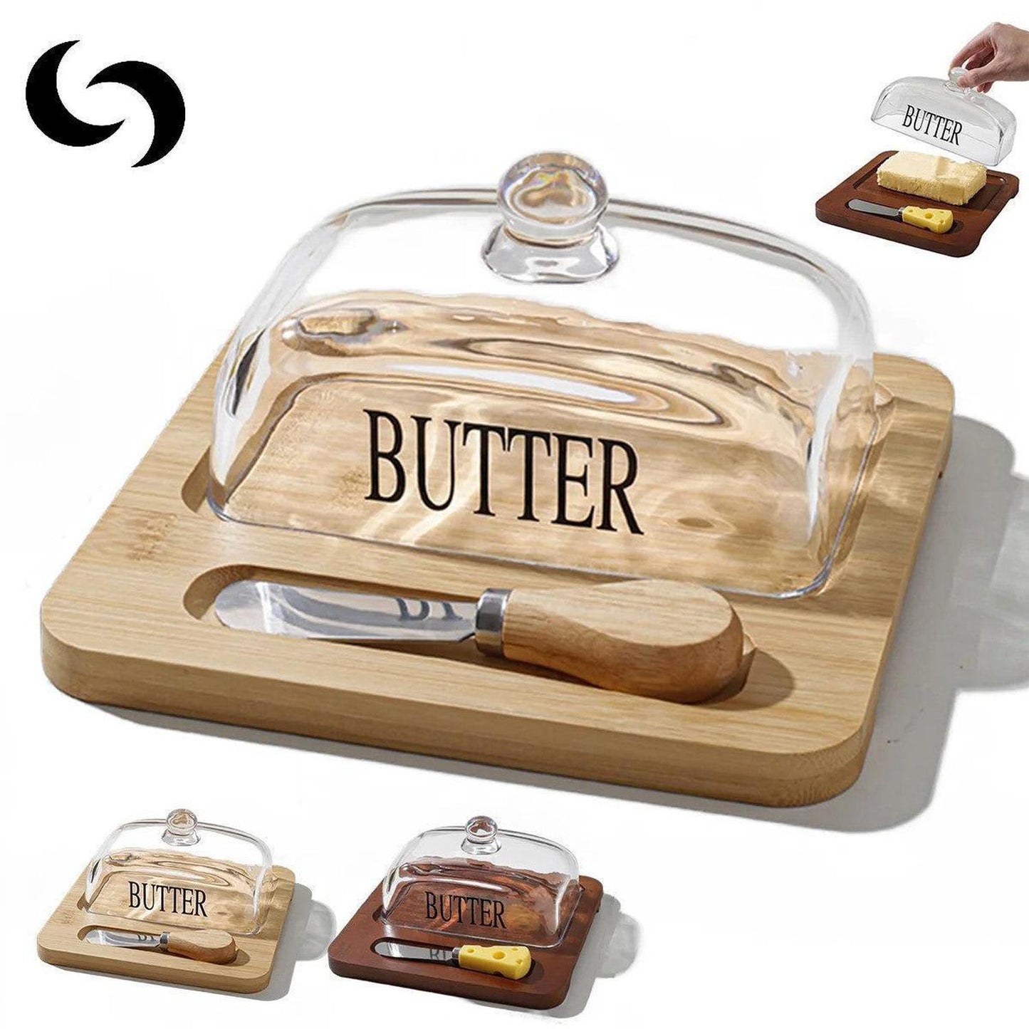 Bamboo & Glass Butter Dish / Cheese Storage with Cutter Tool - Elegant Brown Bamboo Butter Dish. Keeps butter spreadable. Features a clear glass lid, integrated stainless steel cutter, and non-slip grip. Buy Now at Sacred Remedy