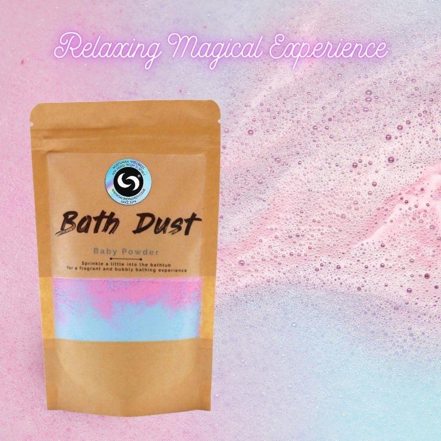 Baby Powder Bath Dust | Fizzy Bath Bomb Alternative - Magical Baby Powder Bath Dust (190g). Fizzes like a bath bomb, leaves skin soft with Shea Butter. Fun, soothing, and stain-free bath indulgence. Buy Now at Sacred Remedy