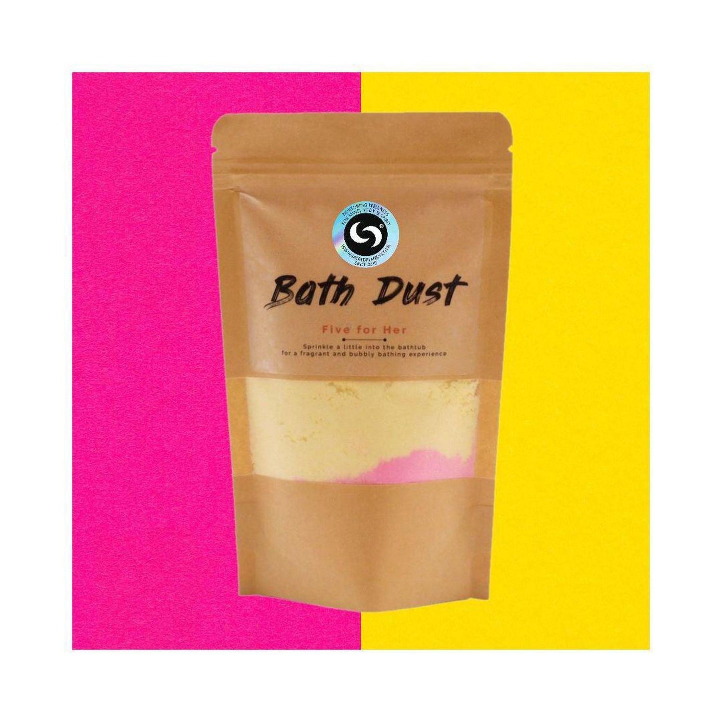 Five for Her Bath Dust | Shea Butter & Relaxing Fizzy Soak - Luxurious 'Five for Her' Bath Dust (190g) for custom fizzy soaks. Shea Butter-infused powder leaves skin soft. Stress-relieving and stain-free. Buy Now at Sacred Remedy