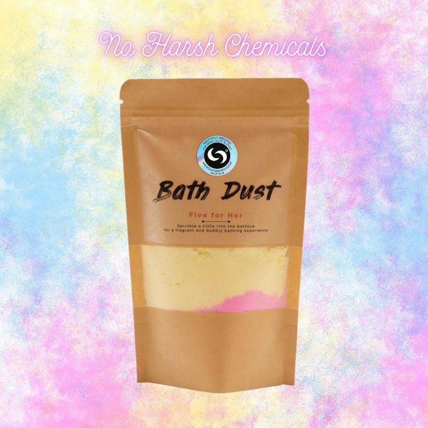 Five for Her Bath Dust | Shea Butter & Relaxing Fizzy Soak - Luxurious 'Five for Her' Bath Dust (190g) for custom fizzy soaks. Shea Butter-infused powder leaves skin soft. Stress-relieving and stain-free. Buy Now at Sacred Remedy
