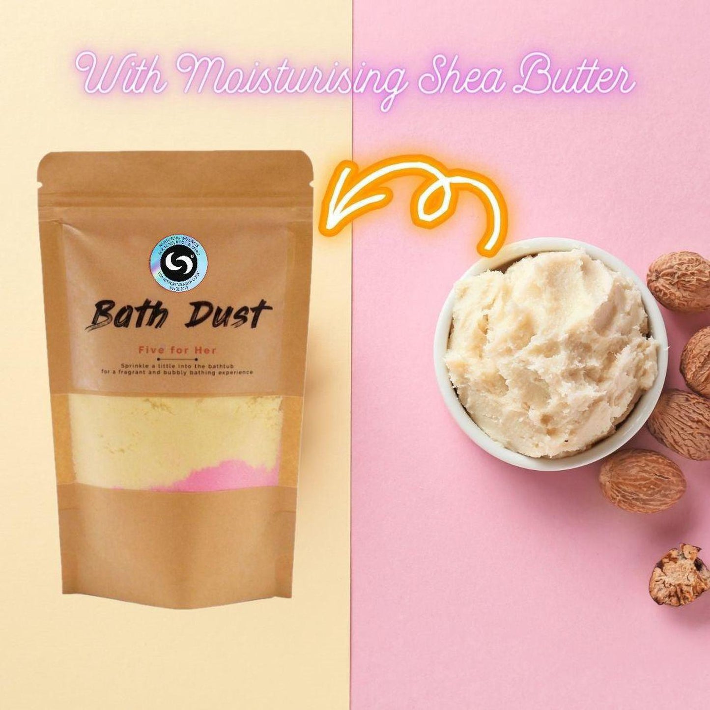 Five for Her Bath Dust | Shea Butter & Relaxing Fizzy Soak - Luxurious 'Five for Her' Bath Dust (190g) for custom fizzy soaks. Shea Butter-infused powder leaves skin soft. Stress-relieving and stain-free. Buy Now at Sacred Remedy