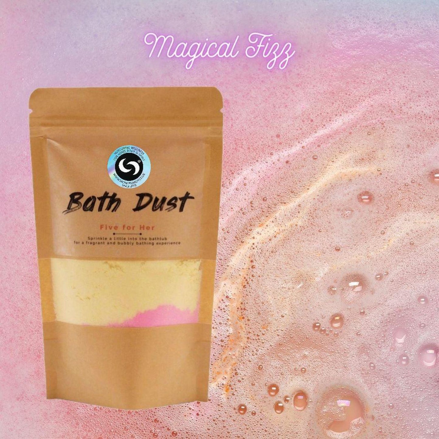 Five for Her Bath Dust | Shea Butter & Relaxing Fizzy Soak - Luxurious 'Five for Her' Bath Dust (190g) for custom fizzy soaks. Shea Butter-infused powder leaves skin soft. Stress-relieving and stain-free. Buy Now at Sacred Remedy