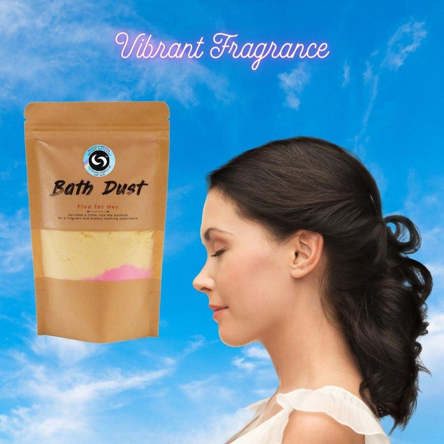 Five for Her Bath Dust | Shea Butter & Relaxing Fizzy Soak - Luxurious 'Five for Her' Bath Dust (190g) for custom fizzy soaks. Shea Butter-infused powder leaves skin soft. Stress-relieving and stain-free. Buy Now at Sacred Remedy