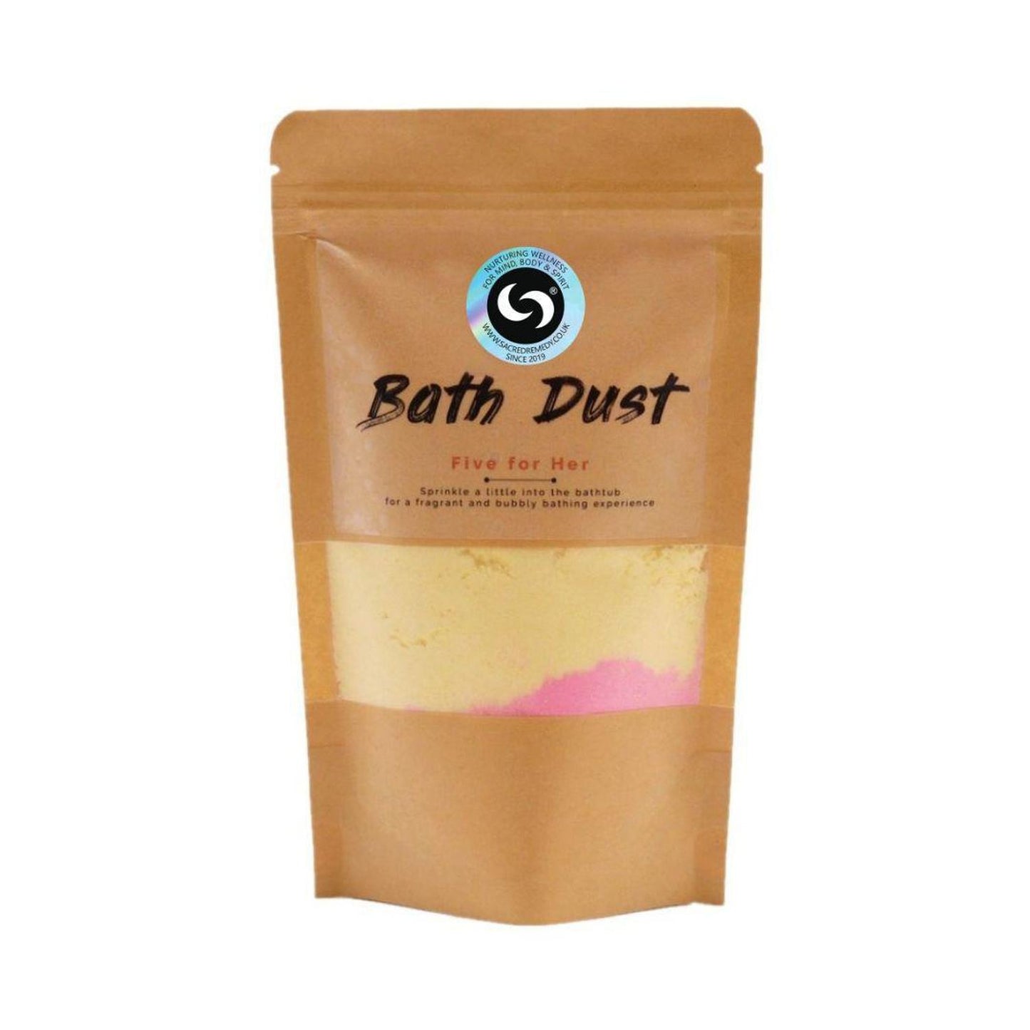 Five for Her Bath Dust | Shea Butter & Relaxing Fizzy Soak - Luxurious 'Five for Her' Bath Dust (190g) for custom fizzy soaks. Shea Butter-infused powder leaves skin soft. Stress-relieving and stain-free. Buy Now at Sacred Remedy