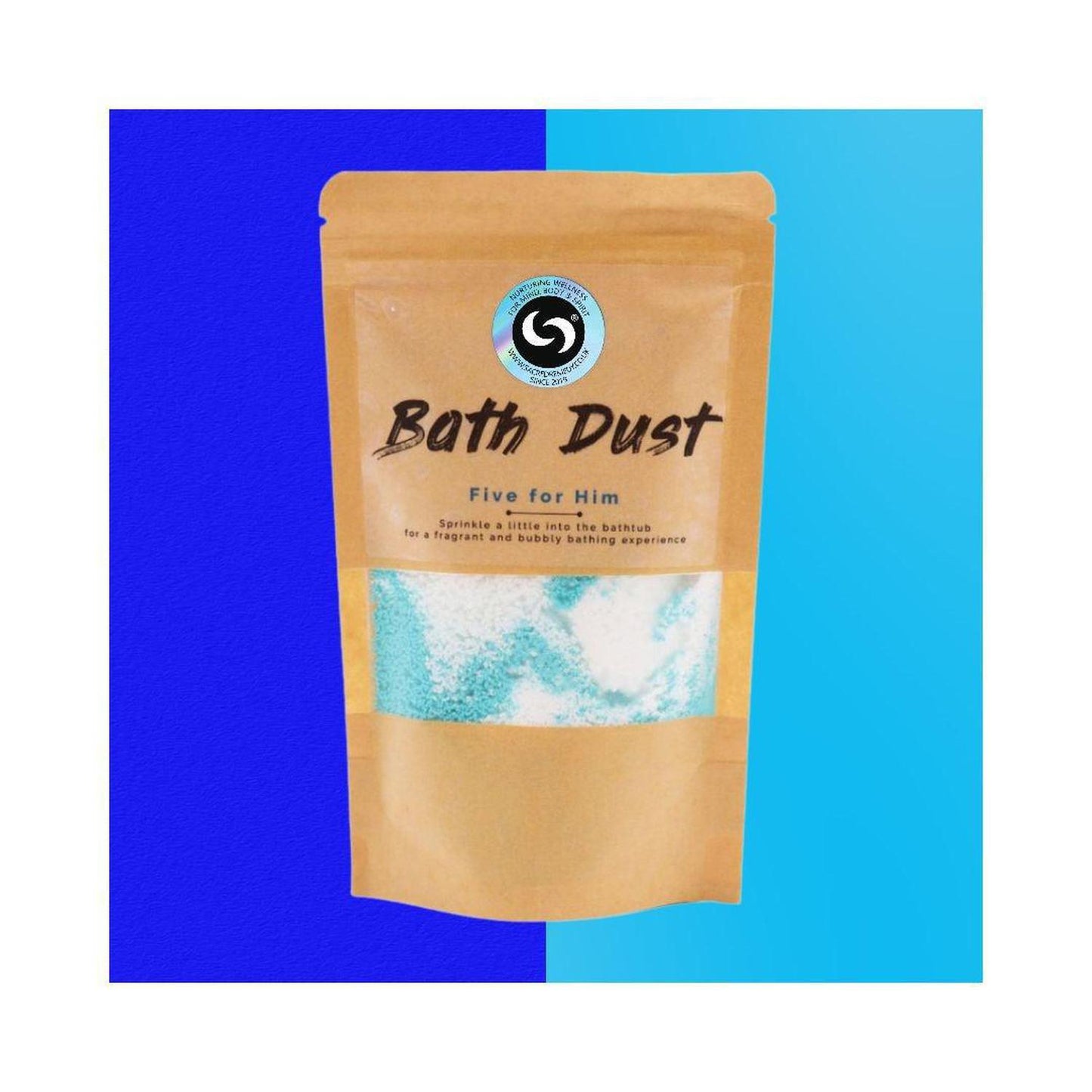 Five for Him Bath Dust - Magical Fizzy Bath Bomb Powder for Men - Upgrade your bath routine! Five for Him is a magical, fizzy blue bath dust for men that soothes stress, nourishes skin with Shea Butter, and won't stain your tub. Buy Now at Sacred Remedy