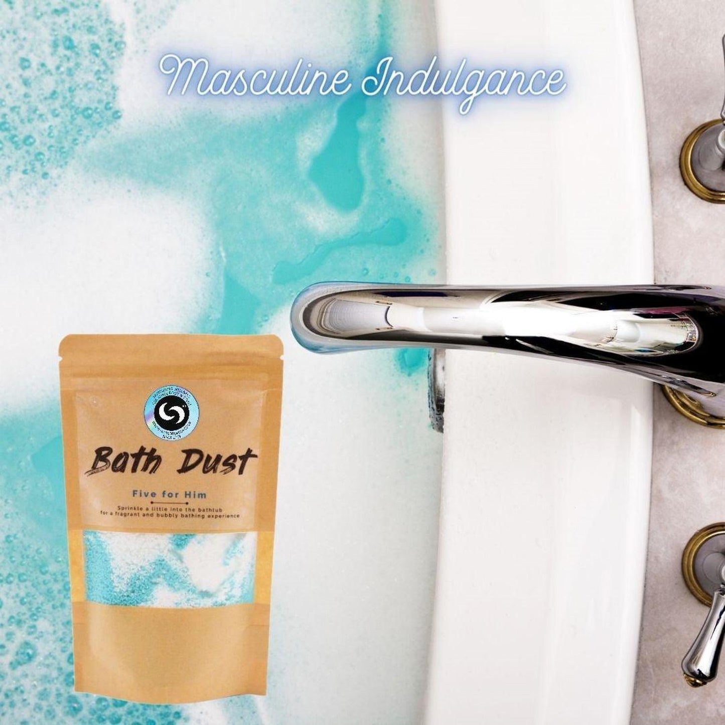 Five for Him Bath Dust - Magical Fizzy Bath Bomb Powder for Men - Upgrade your bath routine! Five for Him is a magical, fizzy blue bath dust for men that soothes stress, nourishes skin with Shea Butter, and won't stain your tub. Buy Now at Sacred Remedy