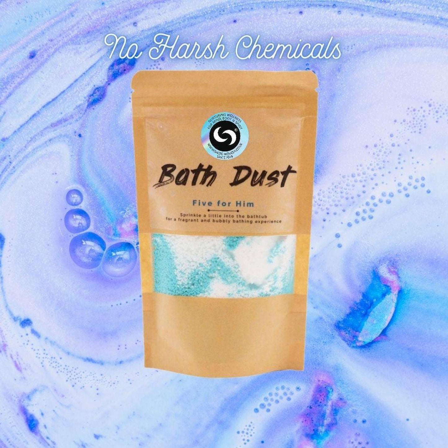 Five for Him Bath Dust - Magical Fizzy Bath Bomb Powder for Men - Upgrade your bath routine! Five for Him is a magical, fizzy blue bath dust for men that soothes stress, nourishes skin with Shea Butter, and won't stain your tub. Buy Now at Sacred Remedy