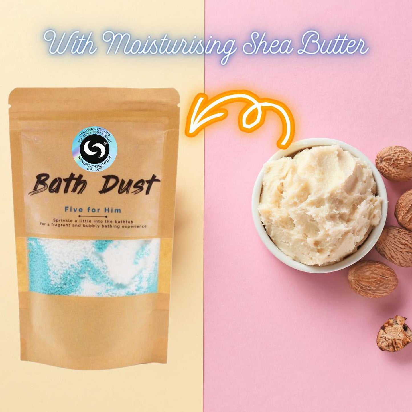 Five for Him Bath Dust - Magical Fizzy Bath Bomb Powder for Men - Upgrade your bath routine! Five for Him is a magical, fizzy blue bath dust for men that soothes stress, nourishes skin with Shea Butter, and won't stain your tub. Buy Now at Sacred Remedy
