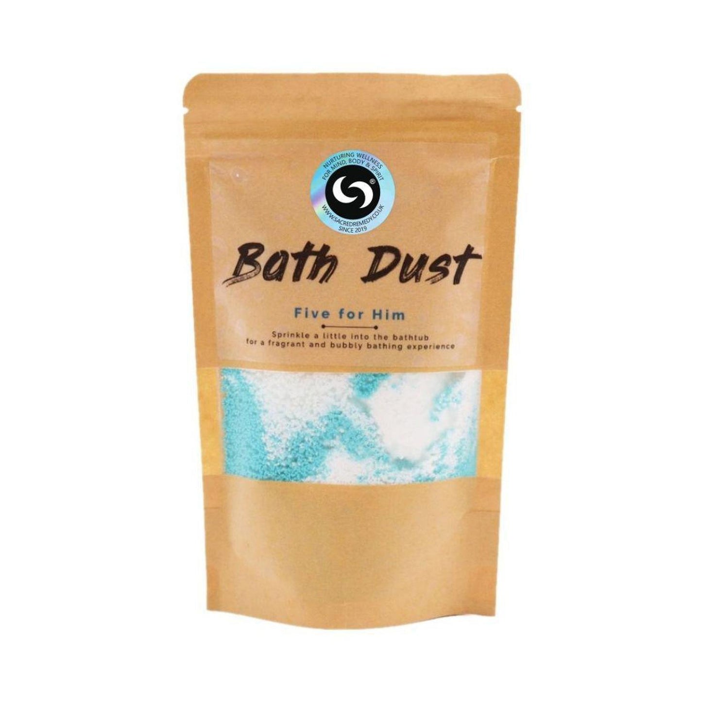 Five for Him Bath Dust - Magical Fizzy Bath Bomb Powder for Men - Upgrade your bath routine! Five for Him is a magical, fizzy blue bath dust for men that soothes stress, nourishes skin with Shea Butter, and won't stain your tub. Buy Now at Sacred Remedy