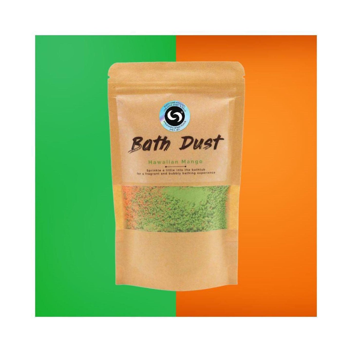 Hawaiian Mango Bath Dust - Fizzy Bath Bomb Powder for Relaxation - Tropical Hawaiian Mango Bath Dust! Fizzy orange & green bath powder enriched with Shea Butter for soft skin. Resealable 190g pouch for multiple soaks. Buy Now at Sacred Remedy