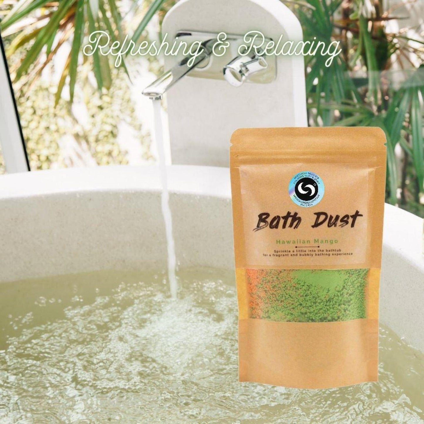 Hawaiian Mango Bath Dust - Fizzy Bath Bomb Powder for Relaxation - Tropical Hawaiian Mango Bath Dust! Fizzy orange & green bath powder enriched with Shea Butter for soft skin. Resealable 190g pouch for multiple soaks. Buy Now at Sacred Remedy