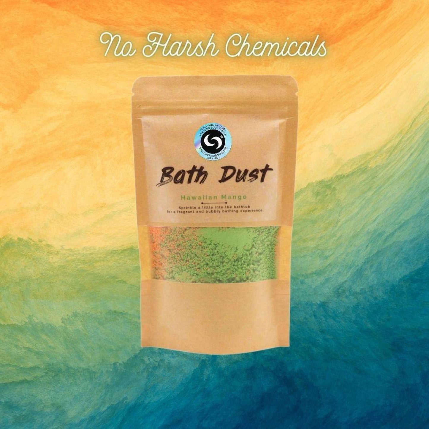 Hawaiian Mango Bath Dust - Fizzy Bath Bomb Powder for Relaxation - Tropical Hawaiian Mango Bath Dust! Fizzy orange & green bath powder enriched with Shea Butter for soft skin. Resealable 190g pouch for multiple soaks. Buy Now at Sacred Remedy