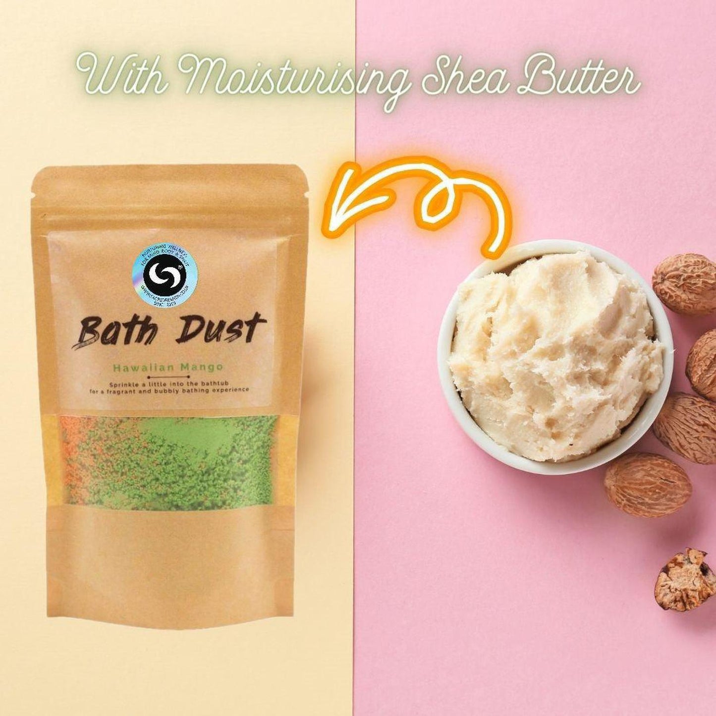 Hawaiian Mango Bath Dust - Fizzy Bath Bomb Powder for Relaxation - Tropical Hawaiian Mango Bath Dust! Fizzy orange & green bath powder enriched with Shea Butter for soft skin. Resealable 190g pouch for multiple soaks. Buy Now at Sacred Remedy