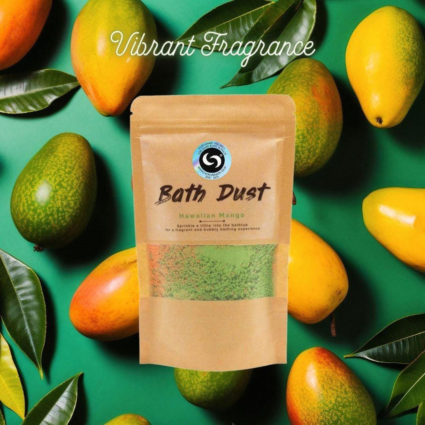 Hawaiian Mango Bath Dust - Fizzy Bath Bomb Powder for Relaxation - Tropical Hawaiian Mango Bath Dust! Fizzy orange & green bath powder enriched with Shea Butter for soft skin. Resealable 190g pouch for multiple soaks. Buy Now at Sacred Remedy