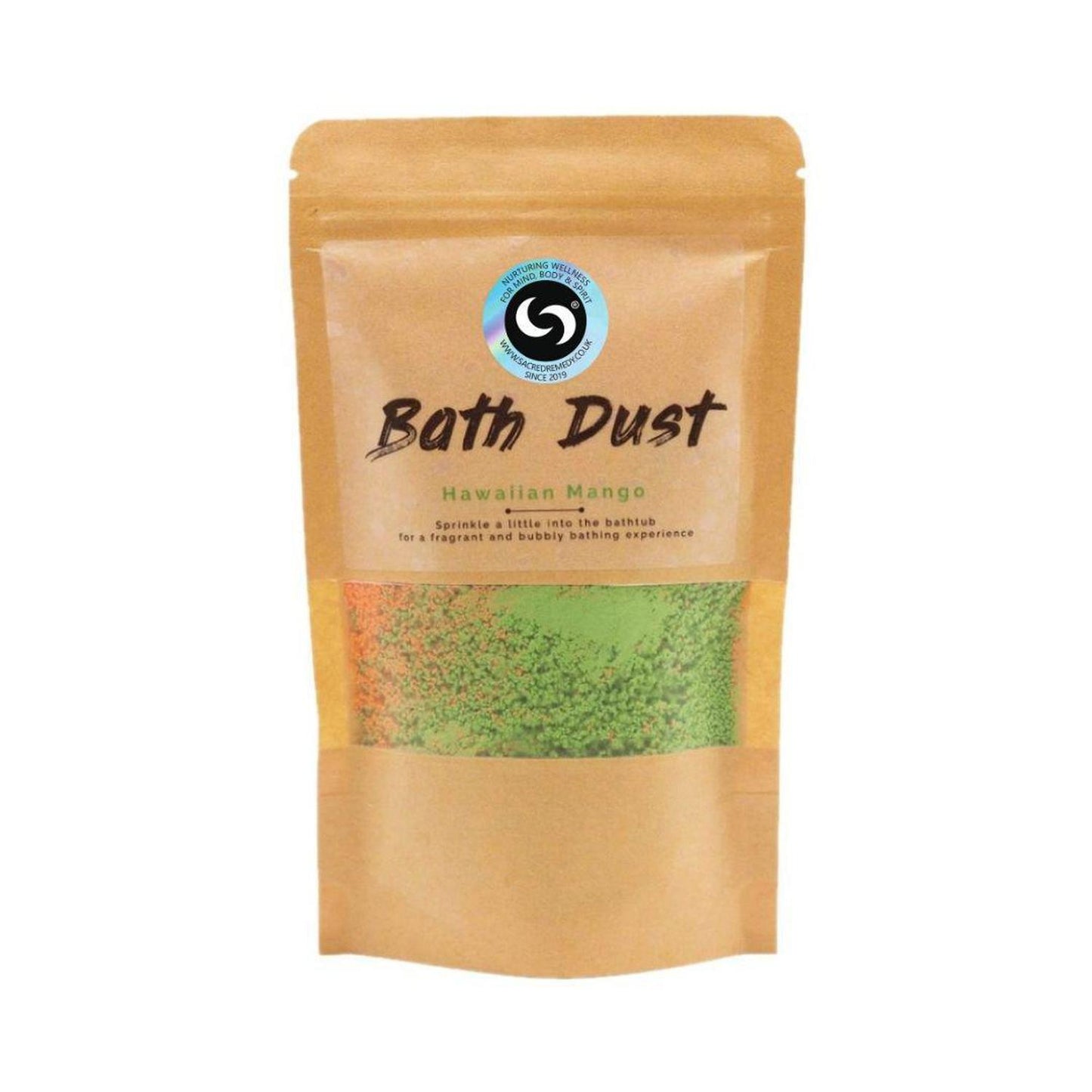 Hawaiian Mango Bath Dust - Fizzy Bath Bomb Powder for Relaxation - Tropical Hawaiian Mango Bath Dust! Fizzy orange & green bath powder enriched with Shea Butter for soft skin. Resealable 190g pouch for multiple soaks. Buy Now at Sacred Remedy
