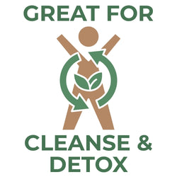 Brown human silhouette with green circular arrows and a leaf icon, labeled Great For Cleanse & Detox in green text.
