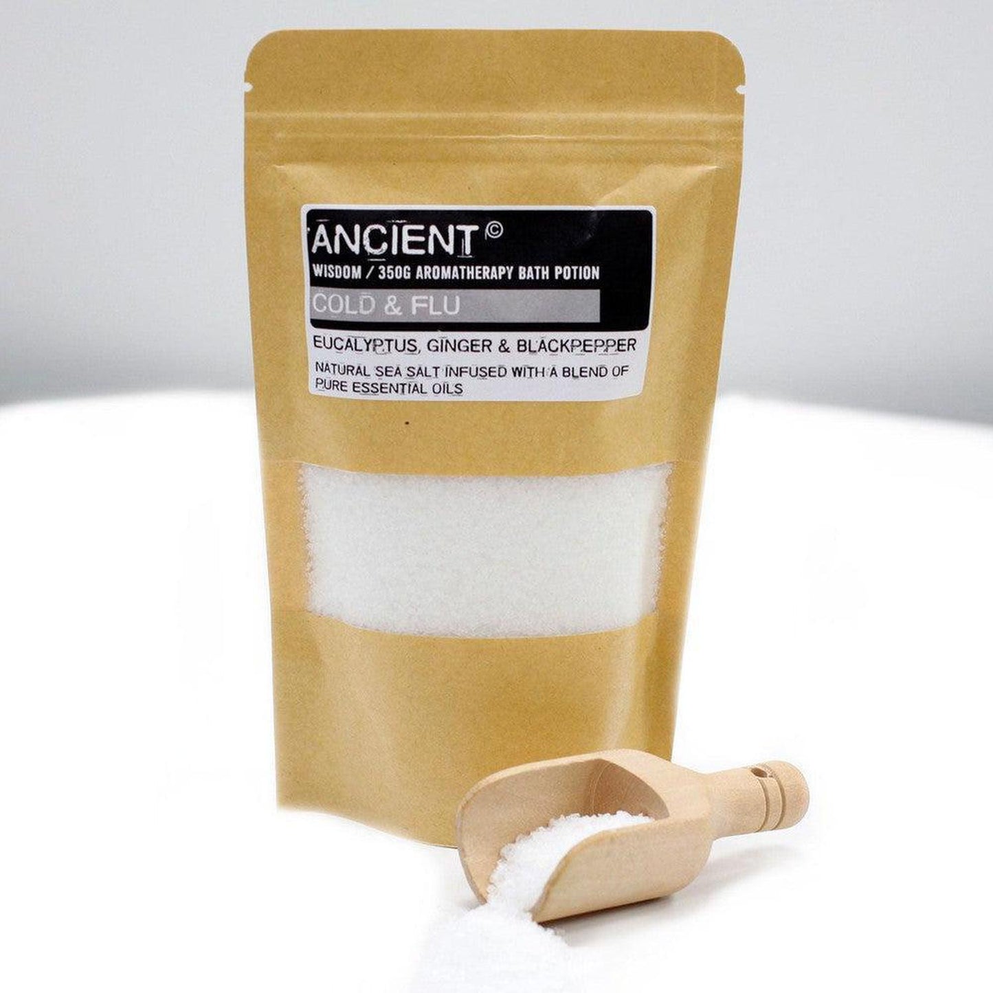 Cold & Flu Bath Salt | Eucalyptus, Ginger & Black Pepper - Natural sea salt bath blend for cold & flu relief. With warming Eucalyptus, Ginger & Black Pepper essential oils. Soothes muscles & clears the mind. Buy Now at Sacred Remedy