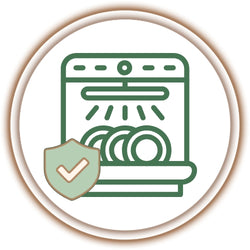Icon of a dishwasher with a shield and check mark, symbolizing a quality or certification badge.