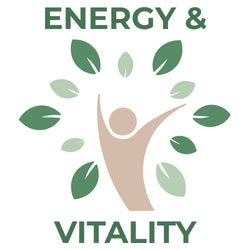 Logo with the text Energy & Vitality featuring a beige human figure surrounded by green leaves in a circular pattern.