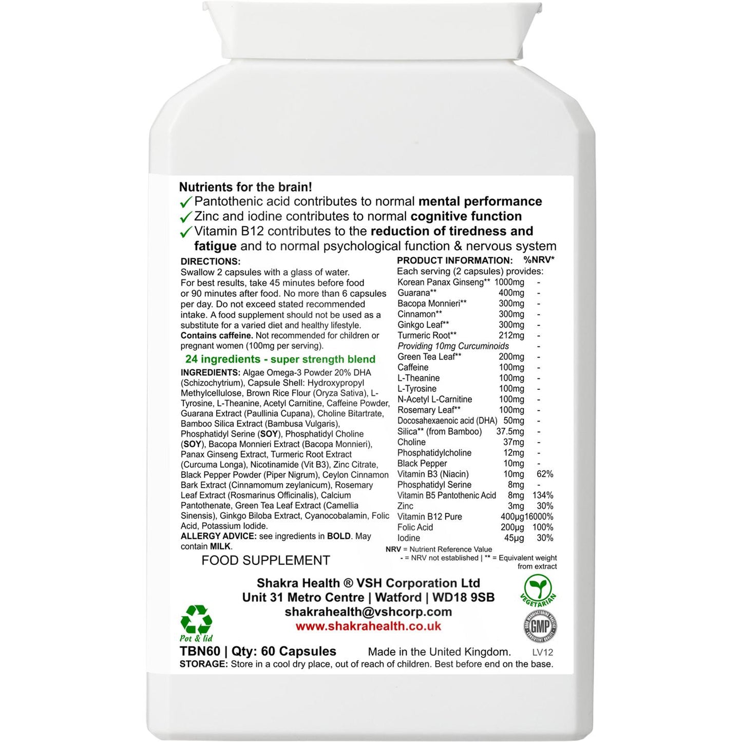 Elevated Consciousness | Natural Nootropic & Brain Food Supplement by Shakra Health UK - A super-concentrated, powerful food supplement for the brain - a natural nootropic and nutritional cognitive enhancer. And more! It contains a special combination of vitamin and mineral ingredients that support focus, concentration, mental performance, memory recall and energy levels. Buy Now at Sacred Remedy