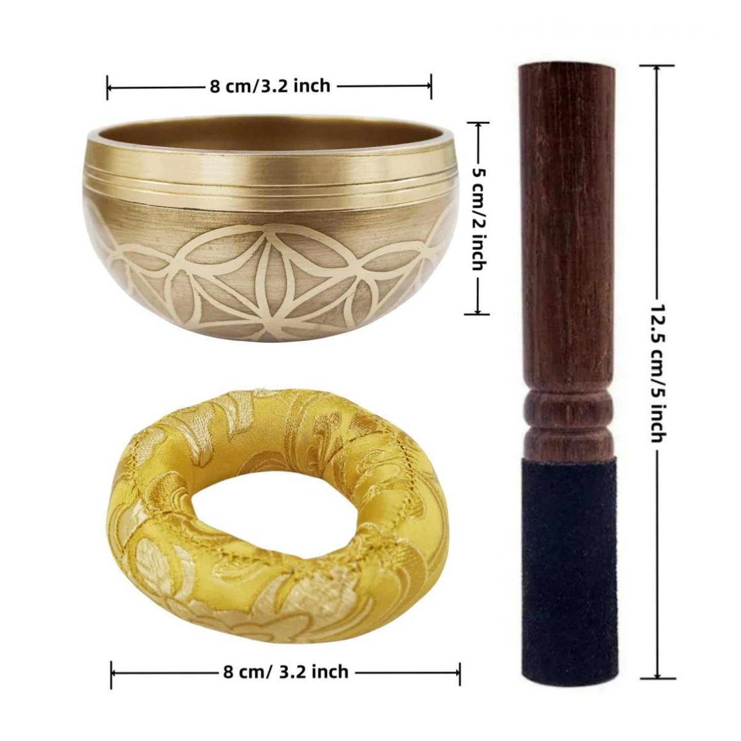 Tibetan Singing Bowl Set - Hand-Hammered for Meditation & Stress - Authentic 3.3-inch Tibetan Singing Bowl set with Flower of Life symbol. Hand-crafted in Nepal for meditation, stress relief, and sound healing. Buy Now at Sacred Remedy