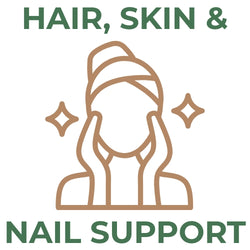 Green text reading Hair, Skin & Nail Support with a tan line-art icon of a person with a towel on their head.