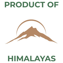 Minimalist logo featuring a brown mountain silhouette under a sun arch with green text reading Product of Himalayas.