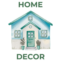Illustration of a small house with plants on a white background, labeled 'HOME DECOR'.