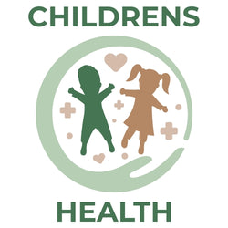 Logo for children's health with silhouettes of a boy and girl, hearts, and plus signs on a white background.