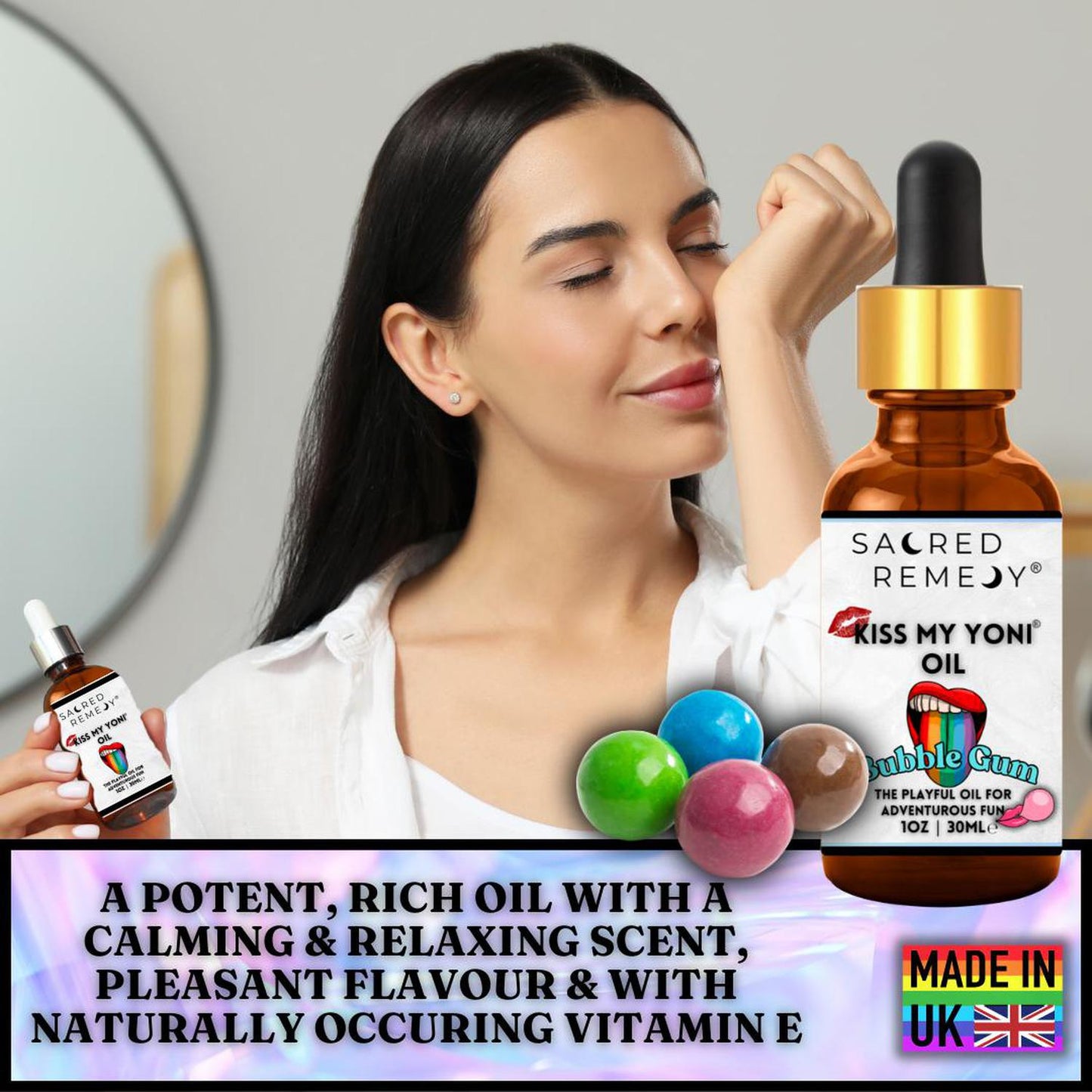 Kiss My Yoni Oil - Bubblegum Edible Massage & Femme Care - Bubblegum Kiss My Yoni Oil. Edible, vegan, non-sticky massage oil & PH-Balanced Femme Oil for confident intimacy & self-care. LGBTQ+ inclusive and fun. Buy Now at Sacred Remedy