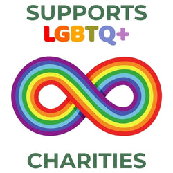 Supports LGBTQ+ charities text with a colorful rainbow infinity symbol on a white background.