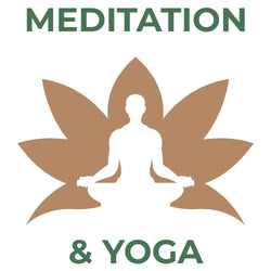 White silhouette of a person meditating in lotus position over a brown lotus flower icon with green text.