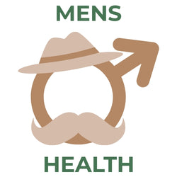 Male gender symbol icon wearing a beige fedora and mustache with green MENS HEALTH text above and below.