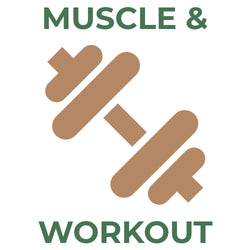 Brown dumbbell icon centered between the green text Muscle & Workout on a white background.