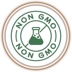 Green circular Non-GMO label featuring a crossed-out laboratory flask icon on a white background.