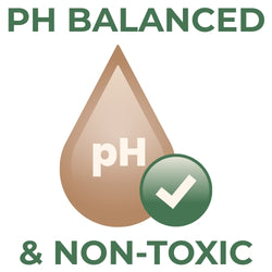 Brown droplet icon labeled pH with a green checkmark, surrounded by the text PH BALANCED & NON-TOXIC.