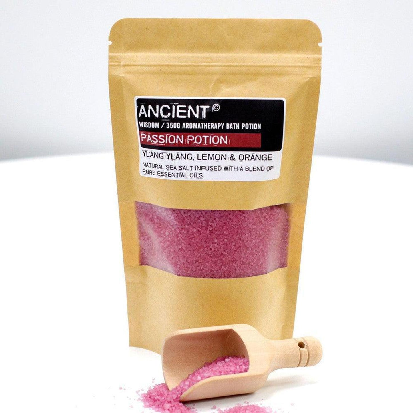 Passion Potion Bath Salts - Ylang Ylang, Lemon & Orange Sea Salt - Passion Potion Bath Salts with Ylang Ylang, Lemon & Orange essential oils. Promotes romance, soothes muscles, and leaves skin soft. Vegan & PH balanced. Buy Now at Sacred Remedy