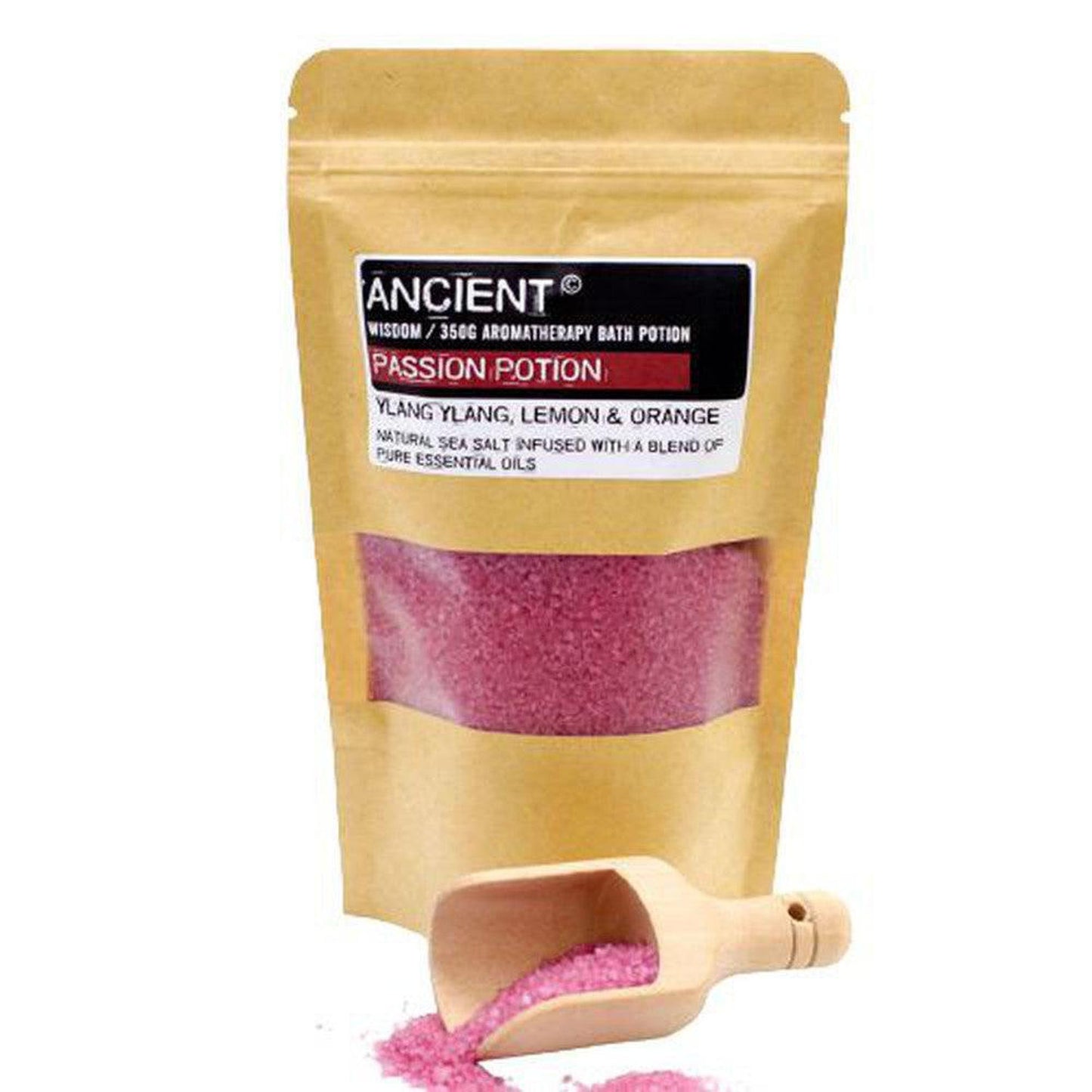 Passion Potion Bath Salts - Ylang Ylang, Lemon & Orange Sea Salt - Passion Potion Bath Salts with Ylang Ylang, Lemon & Orange essential oils. Promotes romance, soothes muscles, and leaves skin soft. Vegan & PH balanced. Buy Now at Sacred Remedy