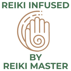 Reiki Infused by Reiki Master text with a brown hand icon featuring a spiral palm and circular energy lines.