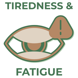 Illustration of a tired eye with an exclamation mark and text 'TIREDNESS & FATIGUE' on a white background.