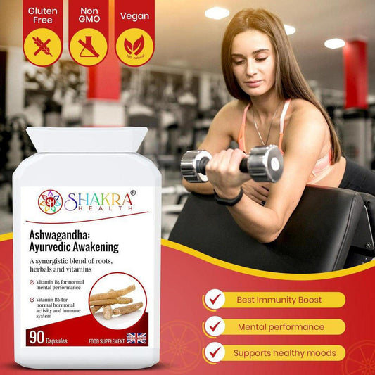 White bottle of Shakra Health Ashwagandha capsules featuring a woman lifting dumbbells in a gym background.