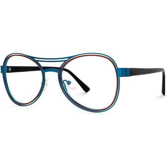 Lightweight metal aviator glasses featuring a blue and red double-rim frame design with black temples.