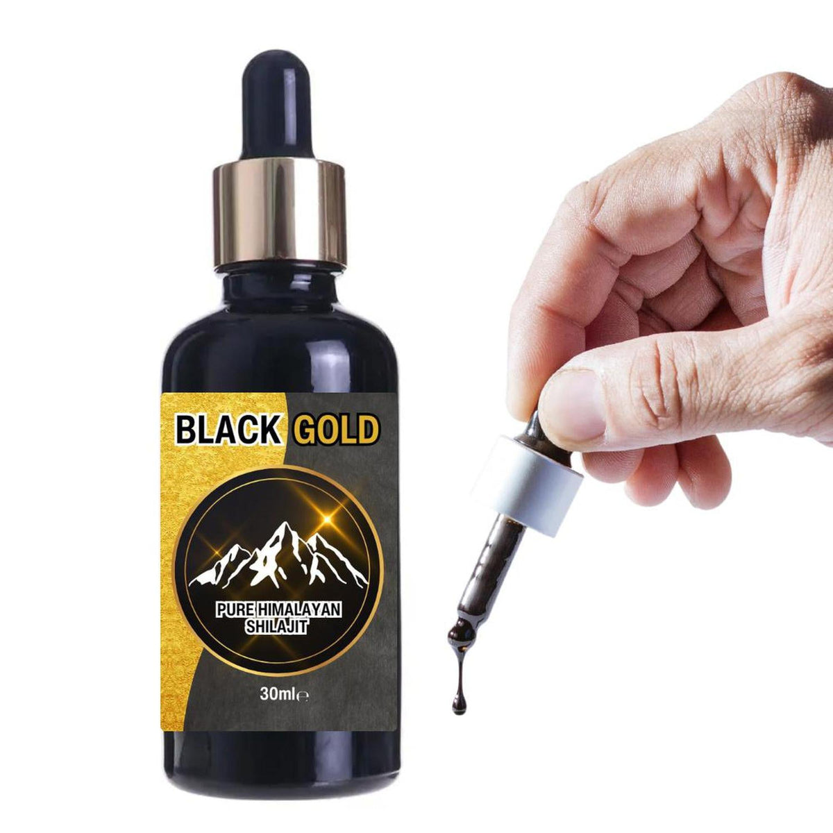 Hand holding a dropper of dark Black Gold Himalayan Shilajit liquid next to a 30ml black glass bottle with gold label.