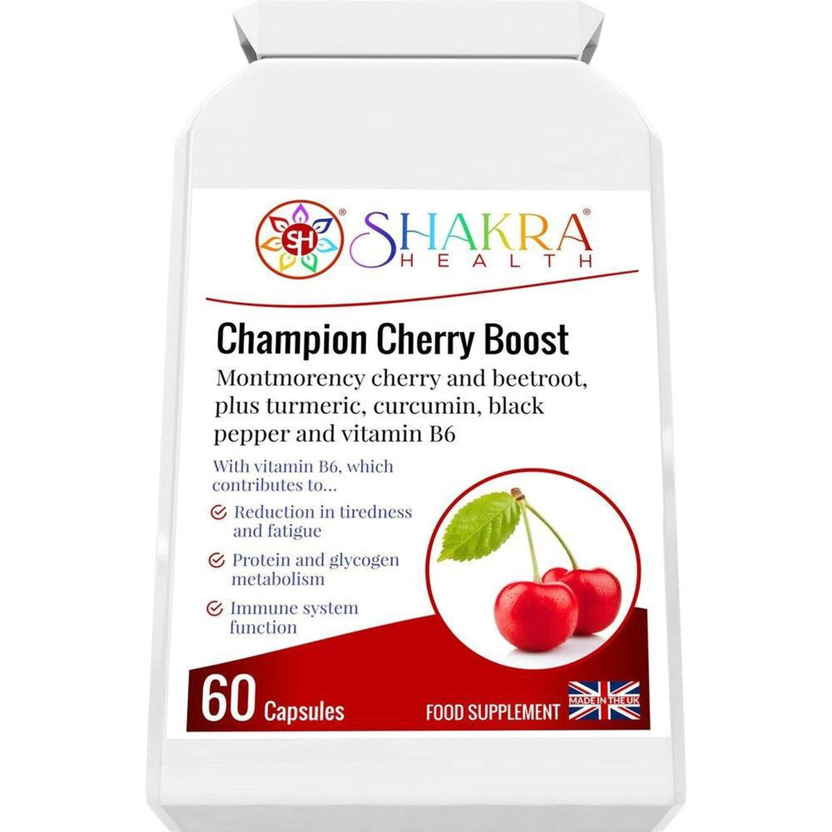 White supplement bottle of Champion Cherry Boost with red cherry graphics and Shakra Health branding on a white label.