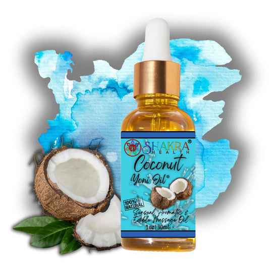 Shakra Health coconut yoni oil in a 30ml glass dropper bottle with a blue label, set against a blue watercolor splash.