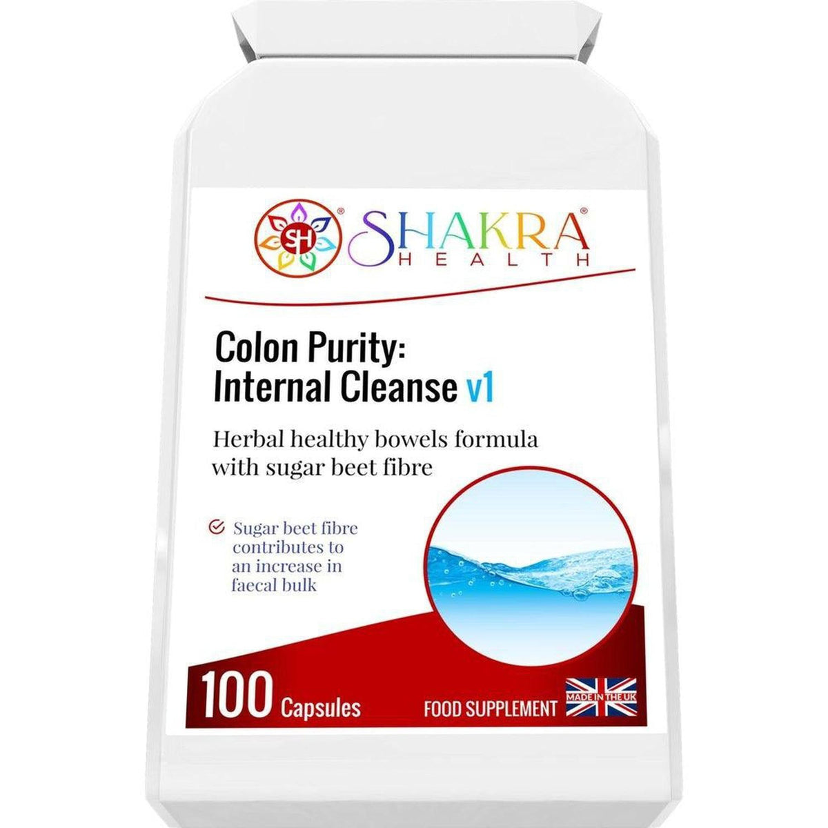 White bottle of Shakra Health Colon Purity capsules with a red and blue label featuring a water wave graphic.